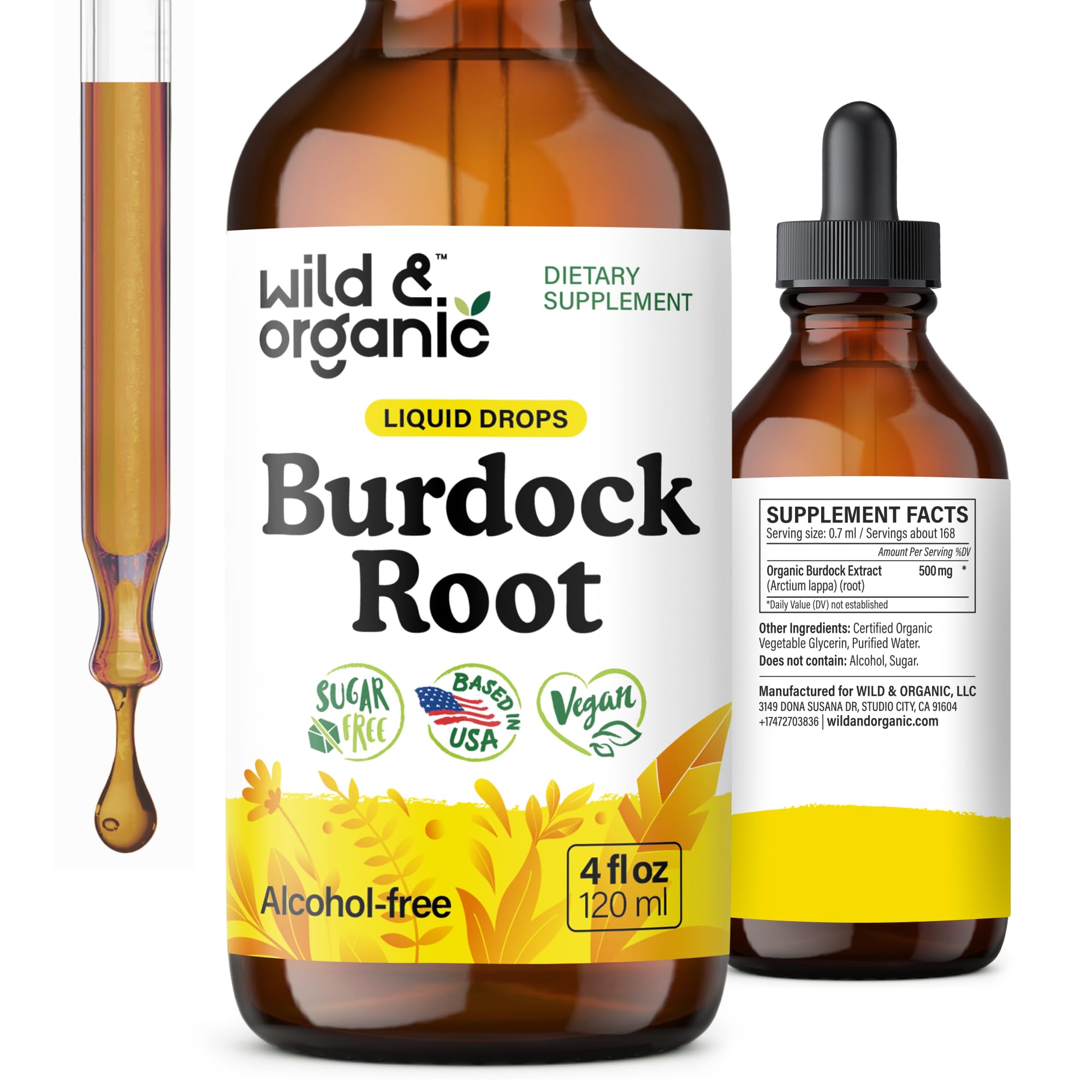 Wild & Organic burdock tincture bottle with vegan, alcohol-free drops for antioxidant support
