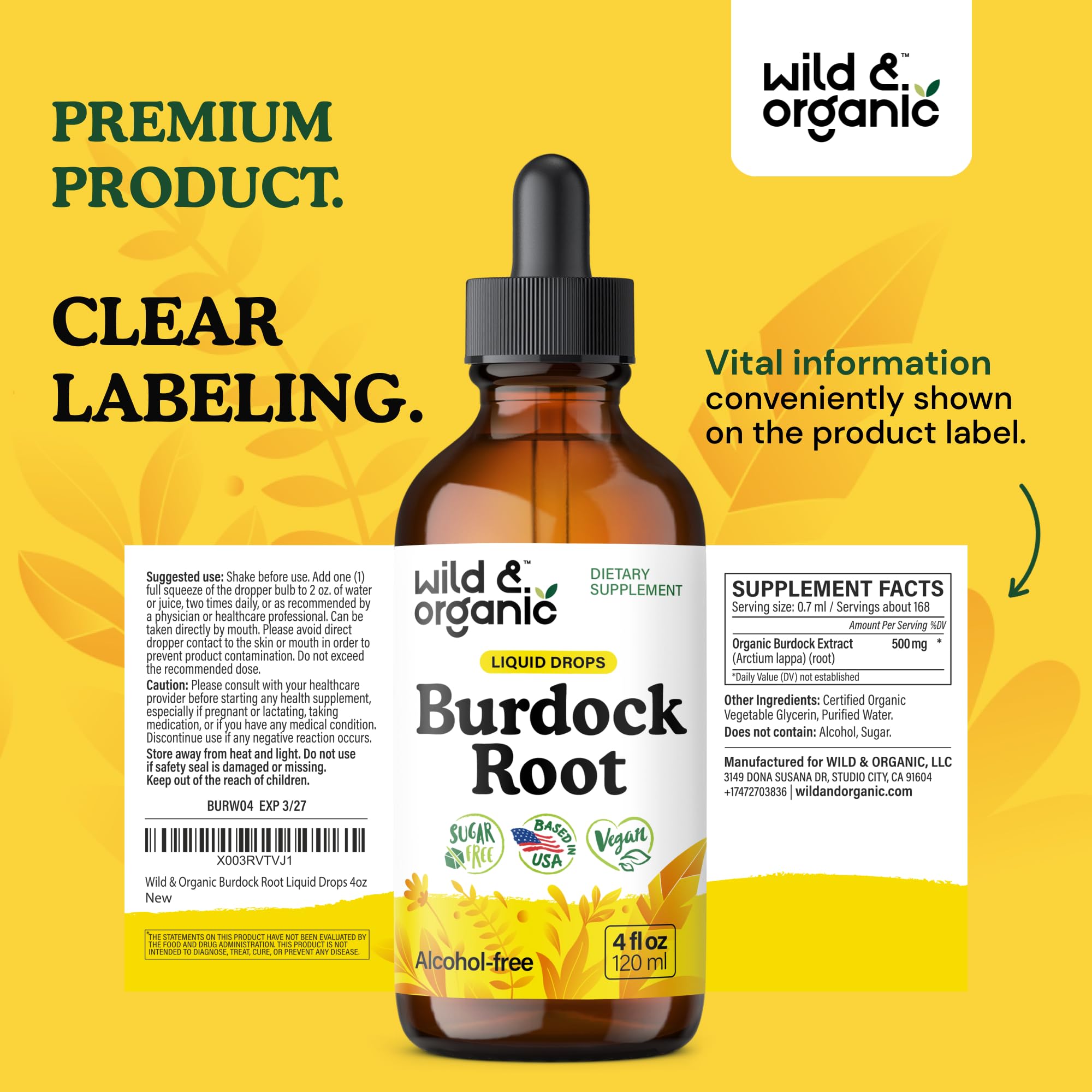 Product packaging of Wild & Organic burdock tincture emphasizing quality branding