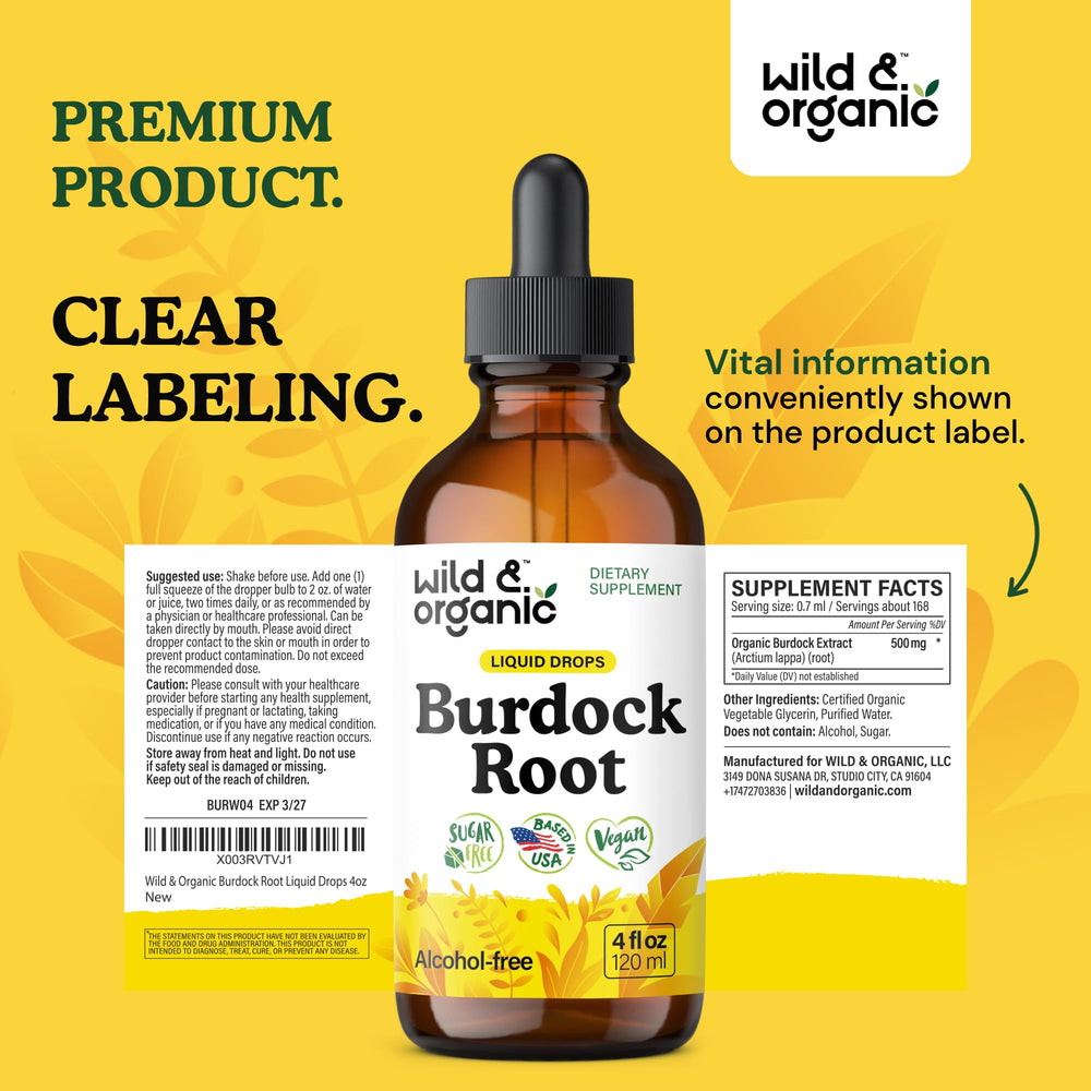 Product packaging of Wild & Organic burdock tincture emphasizing quality branding