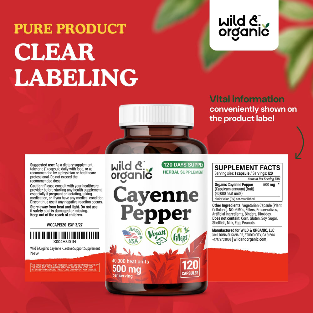 Wild & Organic cayenne capsules bottle indicating 120-day supply.