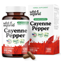Wild & Organic cayenne capsules bottle showing 500 mg formula for digestive support.