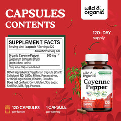Wild & Organic cayenne capsules label highlights vegan, non-GMO, no fillers.