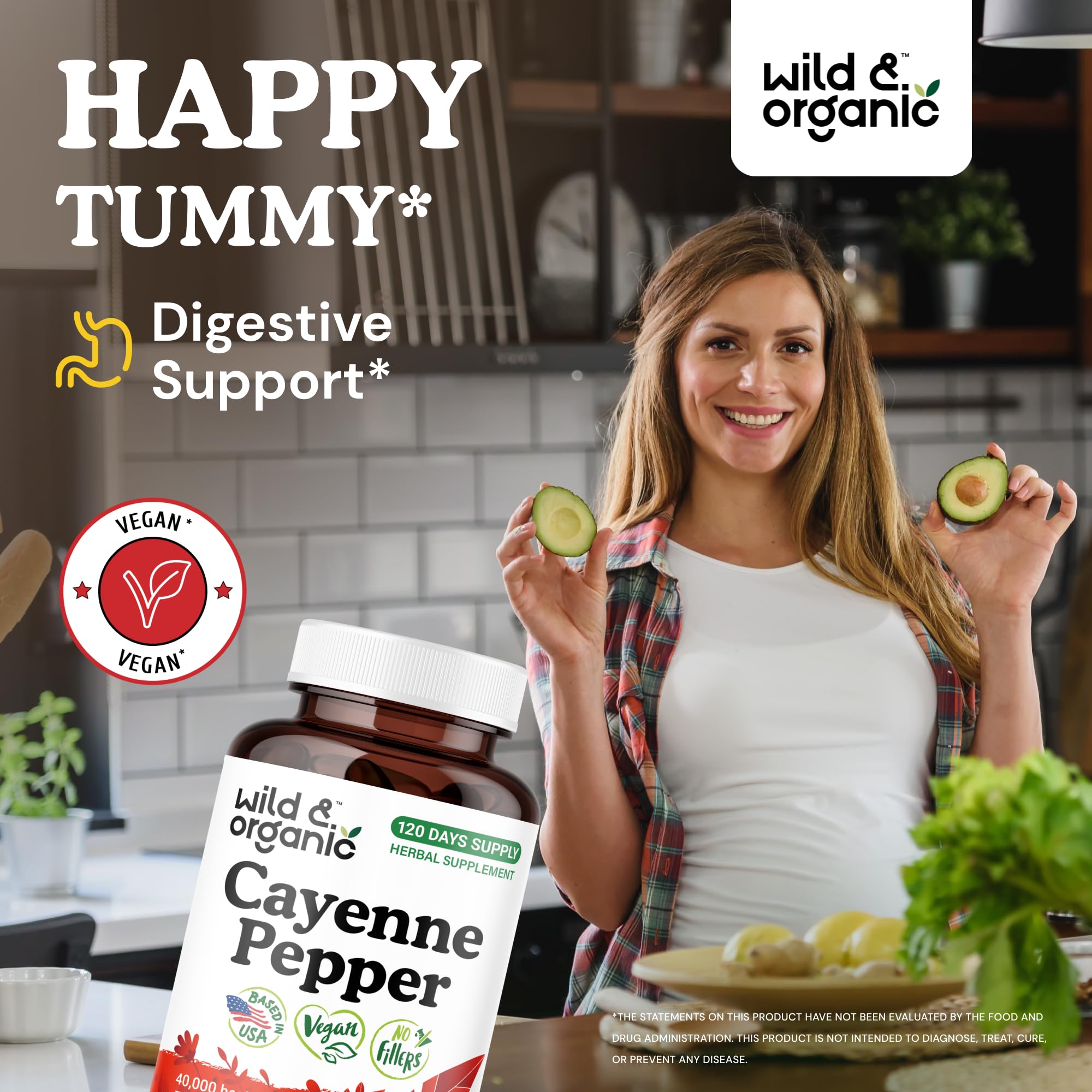 Wild & Organic cayenne capsules being poured to illustrate easy daily intake.