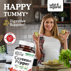 Wild & Organic cayenne capsules being poured to illustrate easy daily intake.