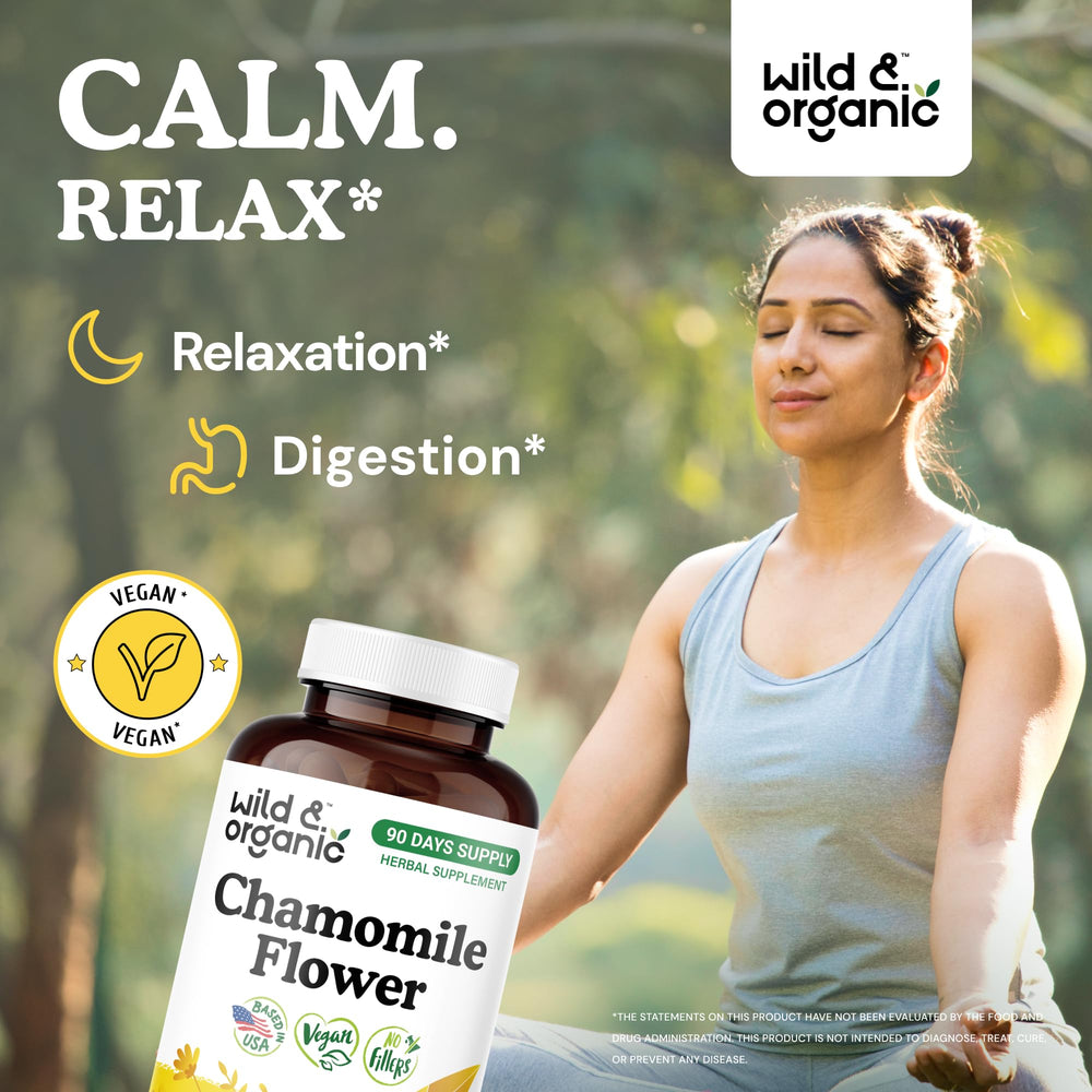 Wild & Organic chamomile capsules closeup highlights smooth capsule texture and vegan formula.