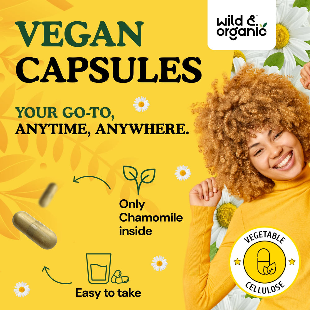 Wild & Organic chamomile capsules in hand illustrate easy daily dosing.