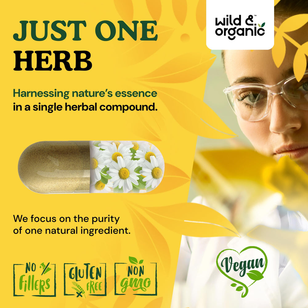 Wild & Organic chamomile capsules pouring to demonstrate simple daily use.
