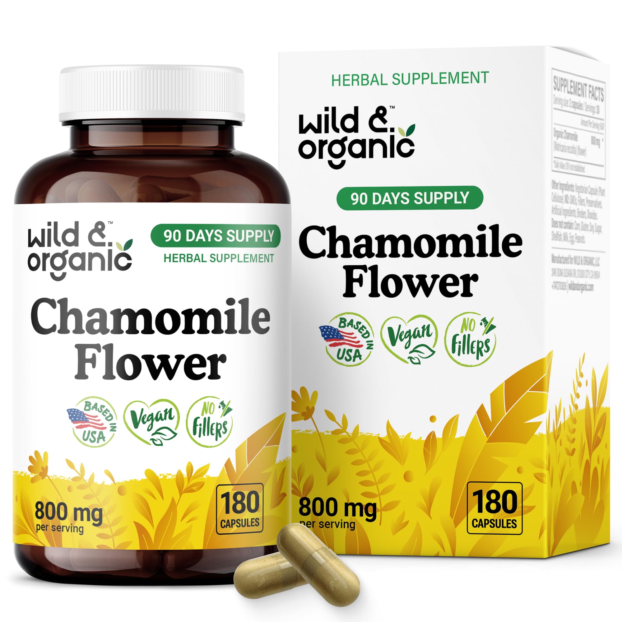 Wild & Organic chamomile extract capsules bottle for a calming evening routine.