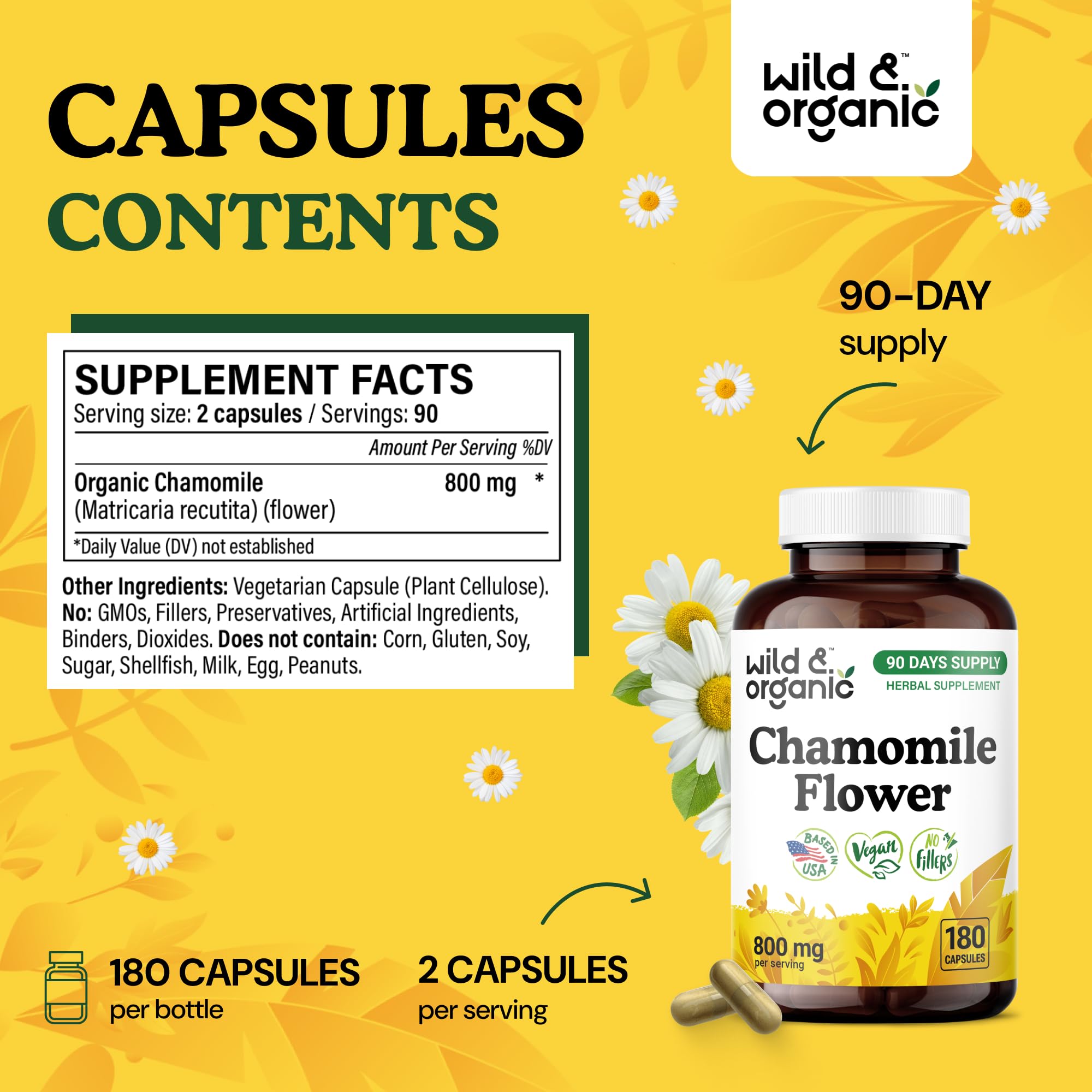 Wild & Organic chamomile extract label detail showing non-GMO ingredients.