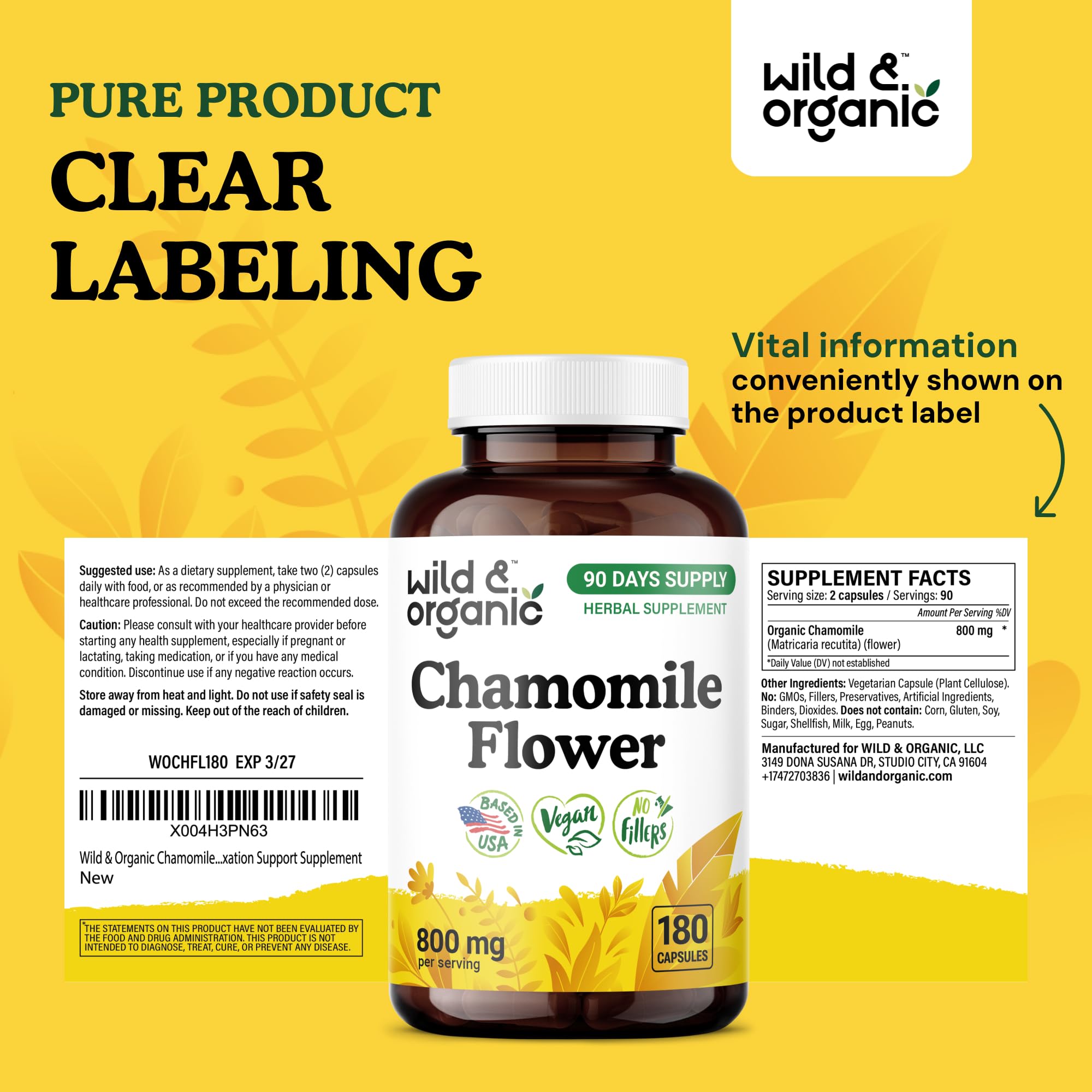 Wild & Organic chamomile vegan formula highlights plant-based relaxation support.