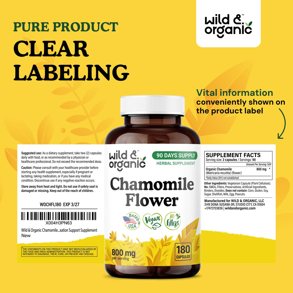 Wild & Organic chamomile vegan formula highlights plant-based relaxation support.