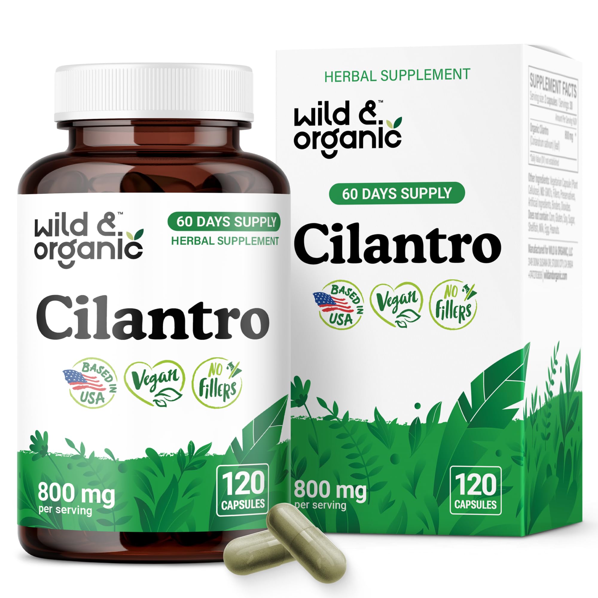 Wild and Organic Cilantro Capsules bottle close-up showing 800 mg per serving for detox support.