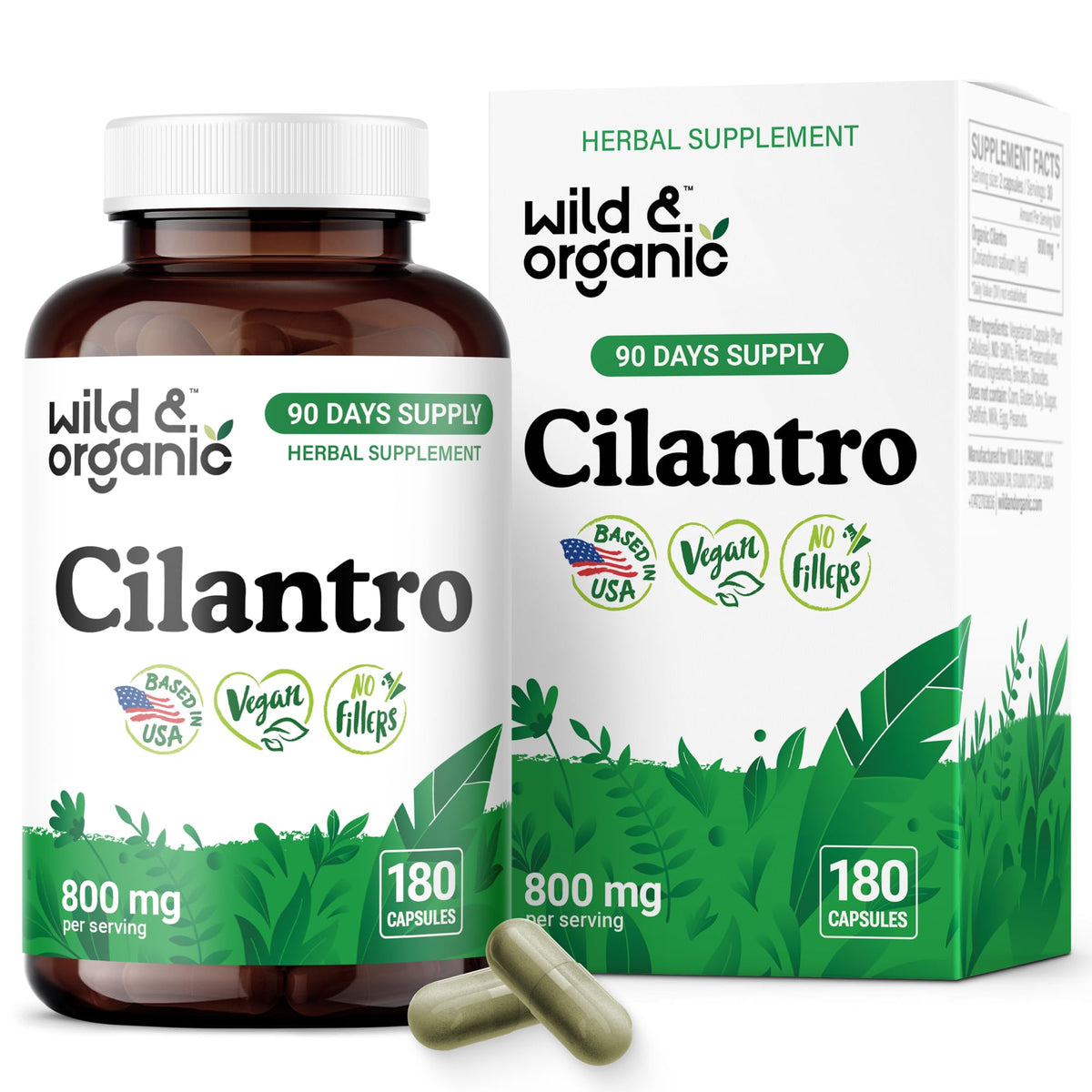 Wild & Organic cilantro capsules bottle highlighting 180-count vegan detox formula.