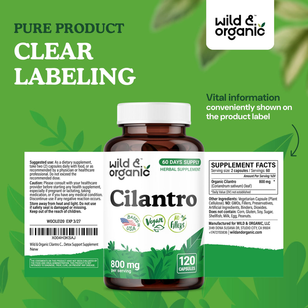 Wild and Organic Cilantro Capsules ready for daily detox routine.