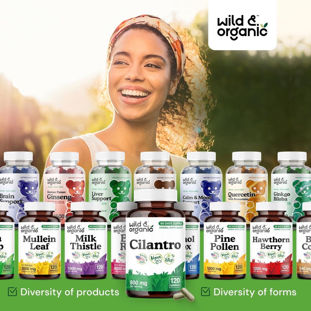 Wild and Organic Cilantro Capsules ingredients panel emphasizes plant-based extract.