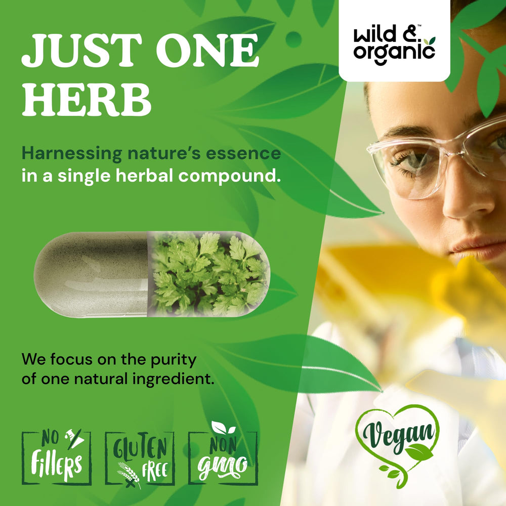 Wild and Organic Cilantro Capsules packaging highlights vegan, non-GMO.