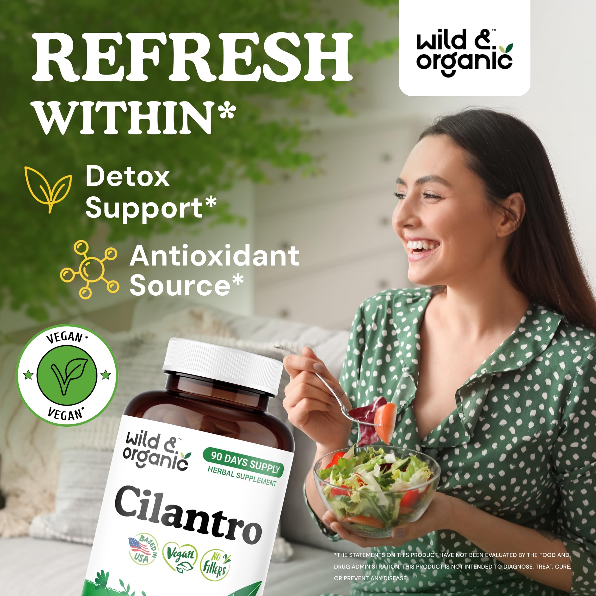 Cilantro capsules being poured to illustrate easy daily intake.