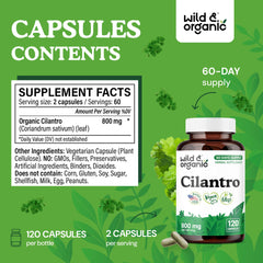 Wild and Organic Cilantro Capsules pouring, easy daily dosage for routines.