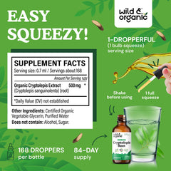 Wild & Organic cryptolepis drops pour demonstrating easy dosing and glycerin base.