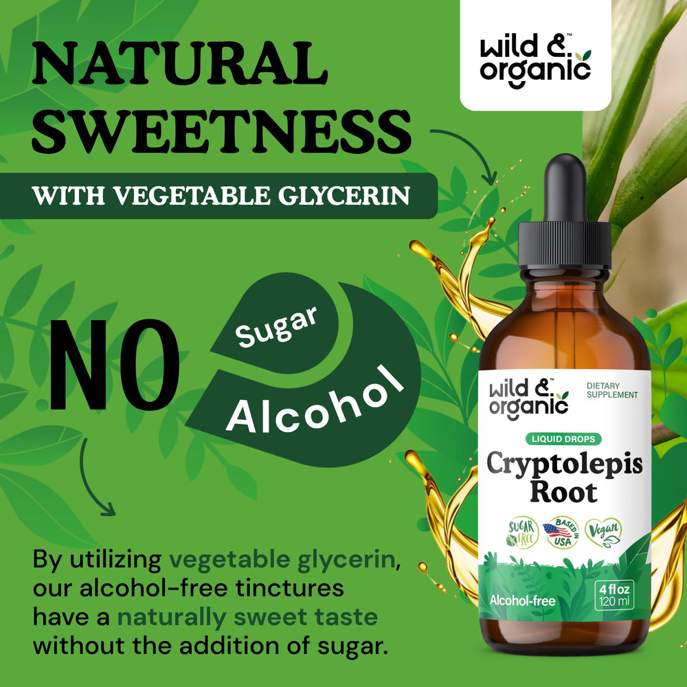 Wild & Organic cryptolepis liquid in glycerin base emphasizing natural sweetness.