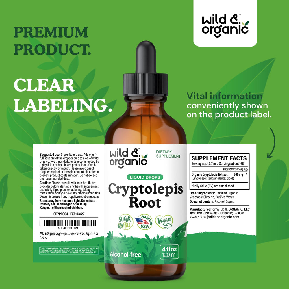 Wild & Organic cryptolepis packaging box illustrating natural, plant-based detox benefits.
