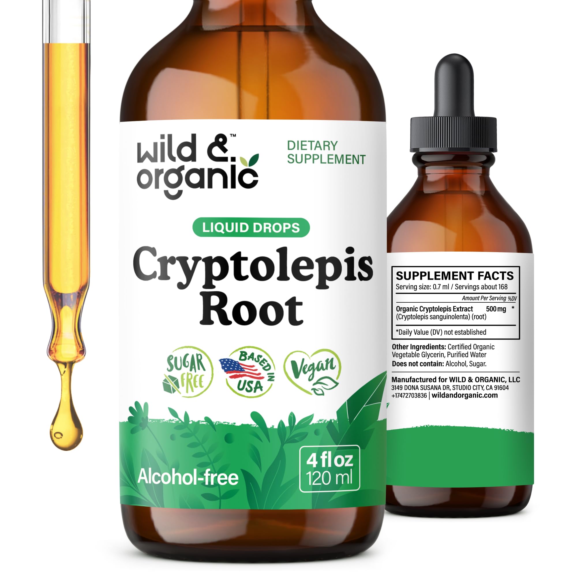 Wild & Organic cryptolepis tincture bottle front view for detox and immune support.