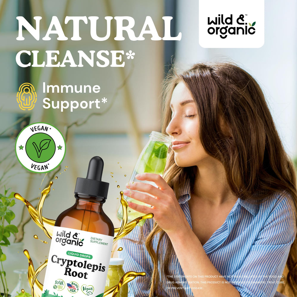 Wild & Organic cryptolepis tincture bottle back label showing vegan, alcohol-free formula.