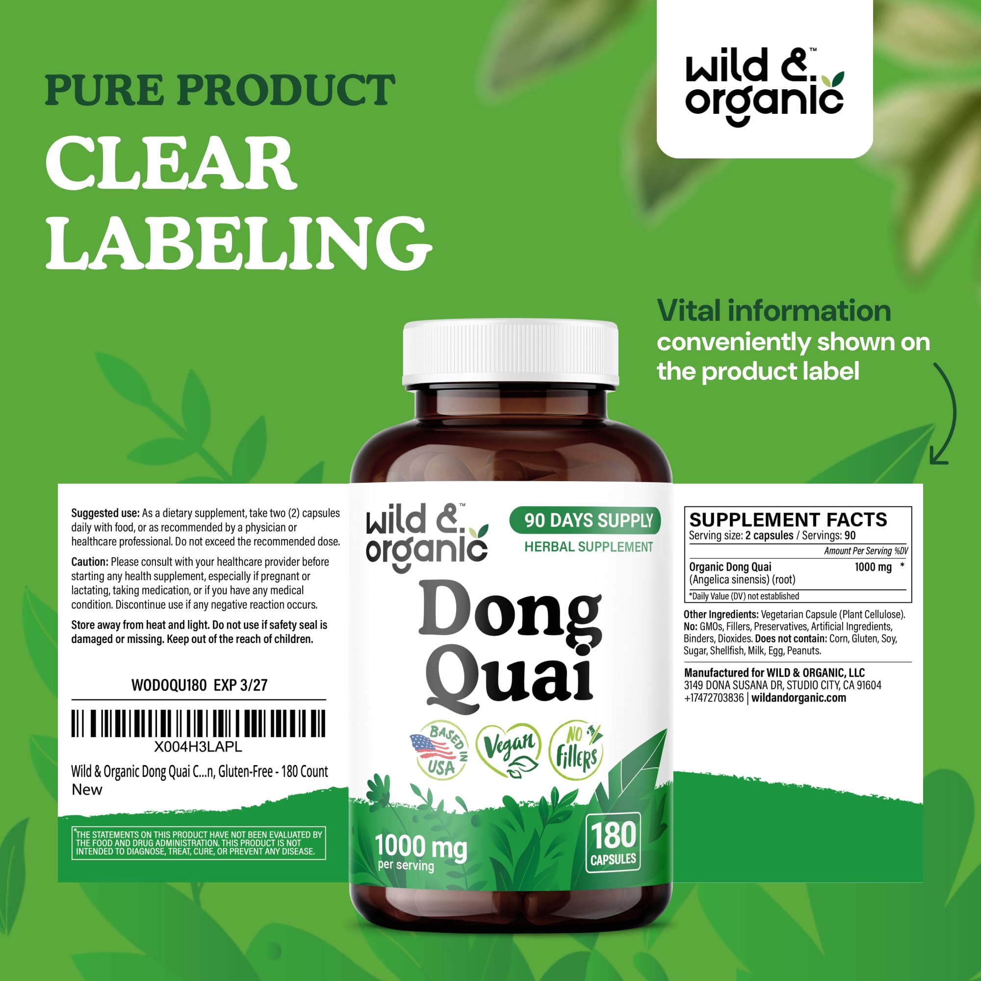 Wild & Organic Dong Quai bottle with glass highlights gluten-free lifestyle support.