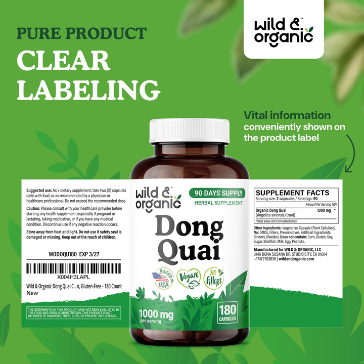 Wild & Organic Dong Quai bottle with glass highlights gluten-free lifestyle support.