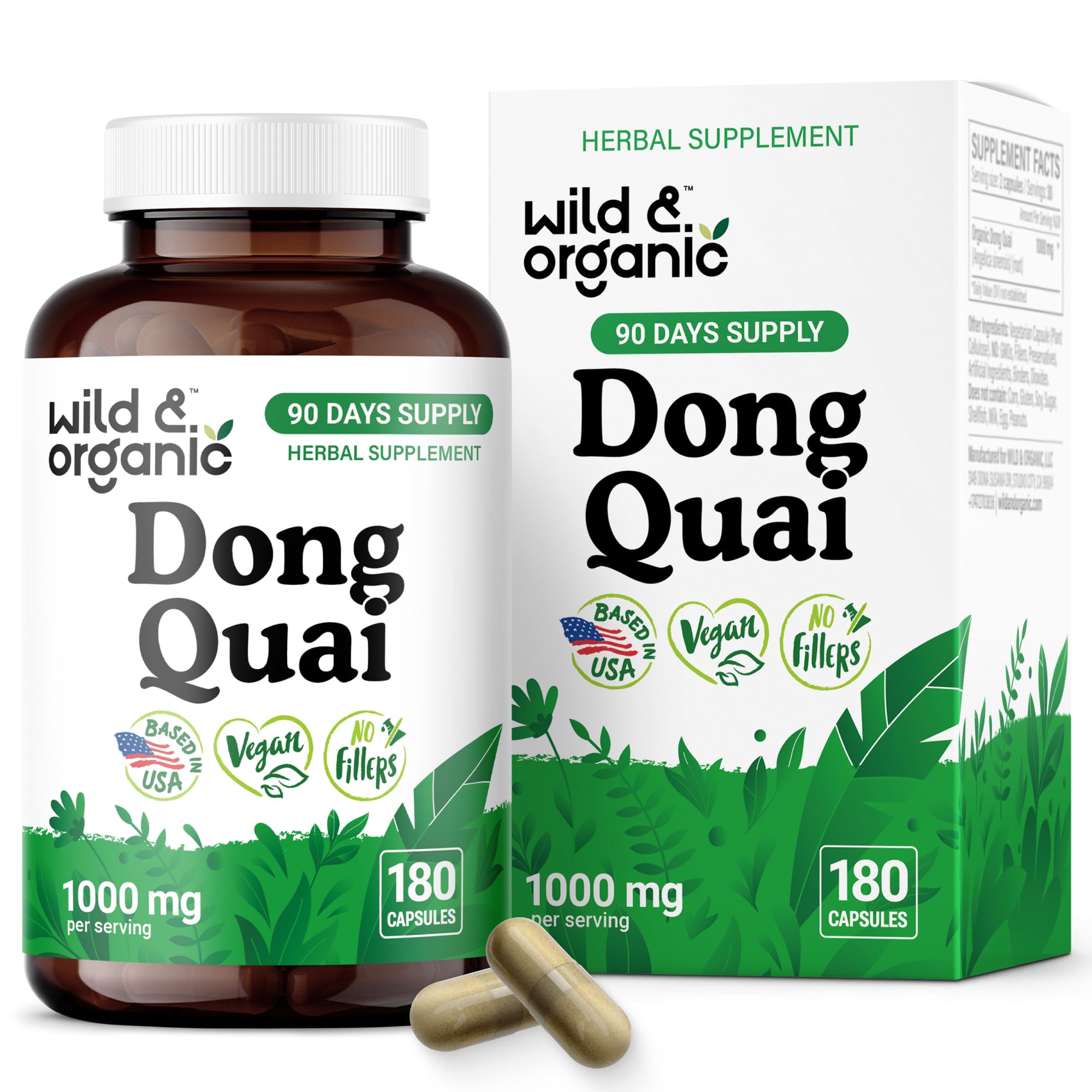 Wild & Organic Dong Quai capsules bottle showing a 90-day supply.