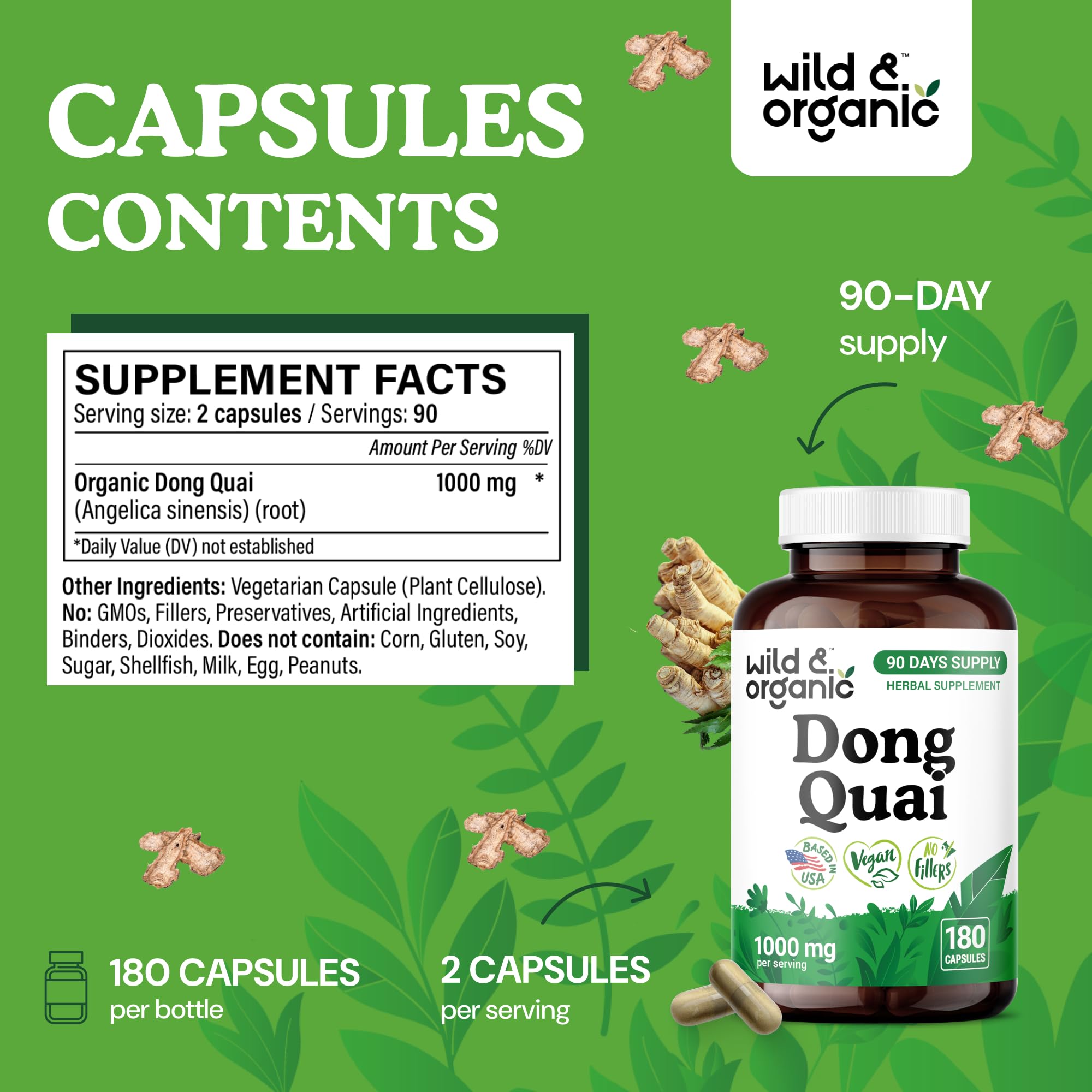 Wild & Organic Dong Quai capsules close-up label displays plant-based ingredients.
