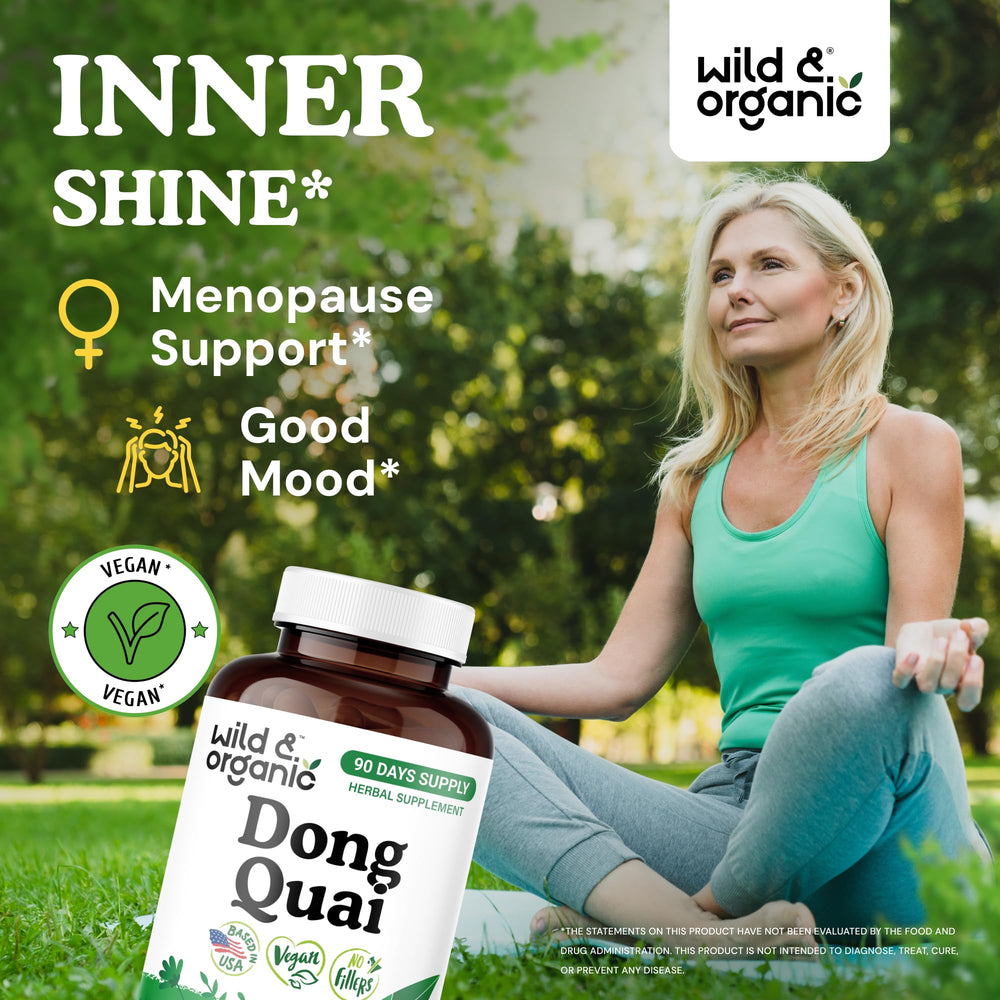 Wild & Organic Dong Quai capsules front packaging highlights vegan, non-GMO formula.