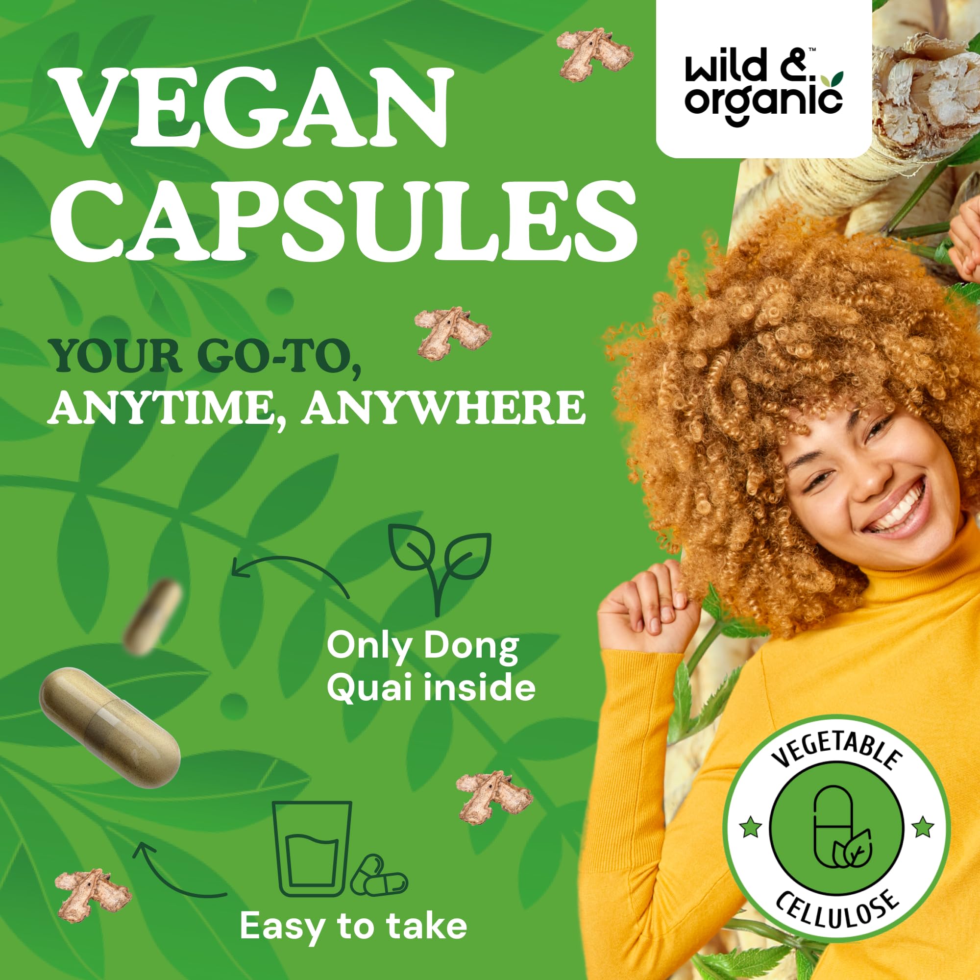 Wild & Organic Dong Quai capsules open container reveals smooth vegan capsules.