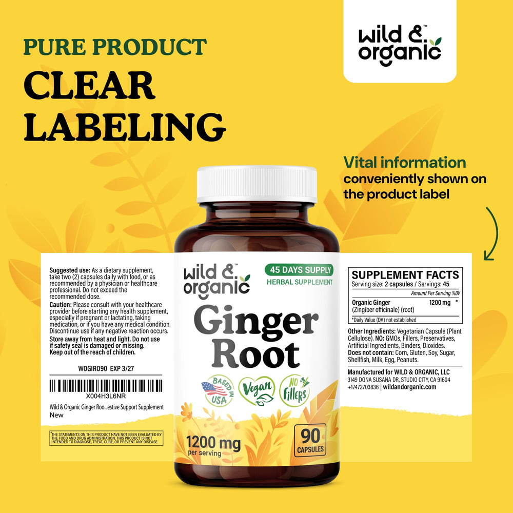 Wild & Organic Ginger Root Capsules 45-day supply for convenient daily use