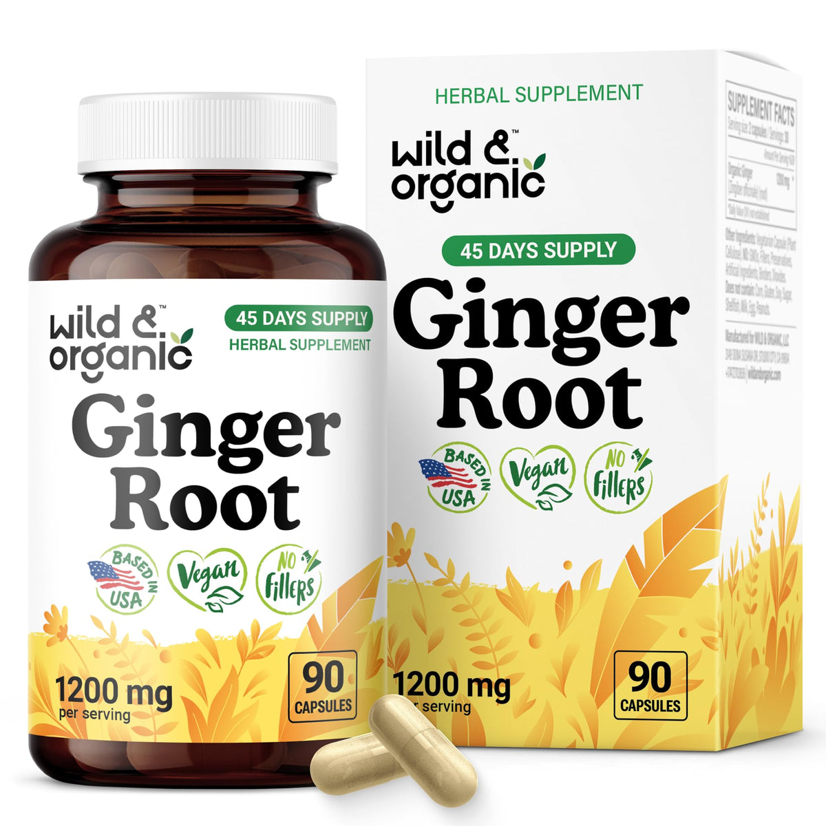 Wild & Organic Ginger Root Capsules bottle front for immune and digestive support