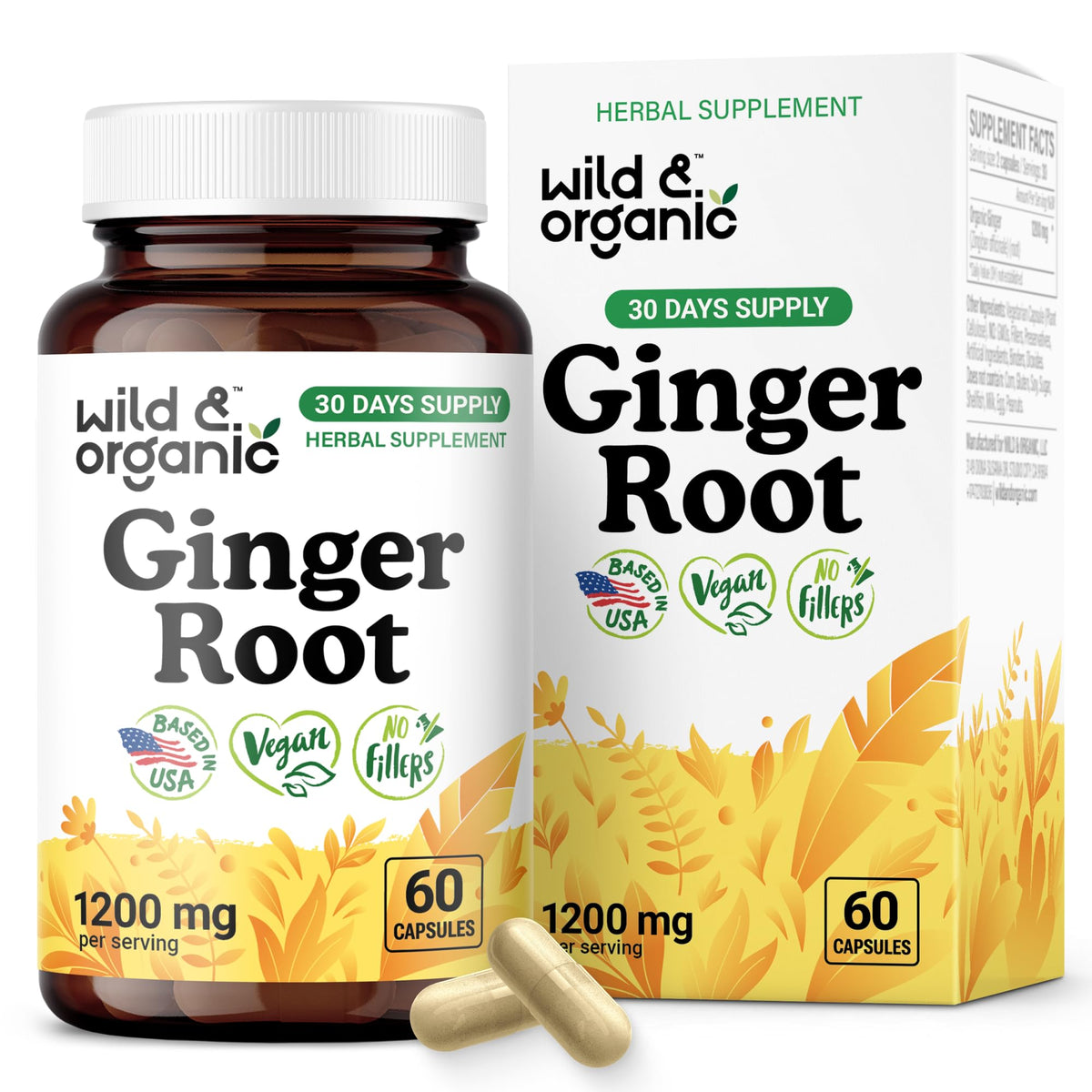 Wild & Organic Ginger Root Capsules bottle front for easy daily immune and digestion support.