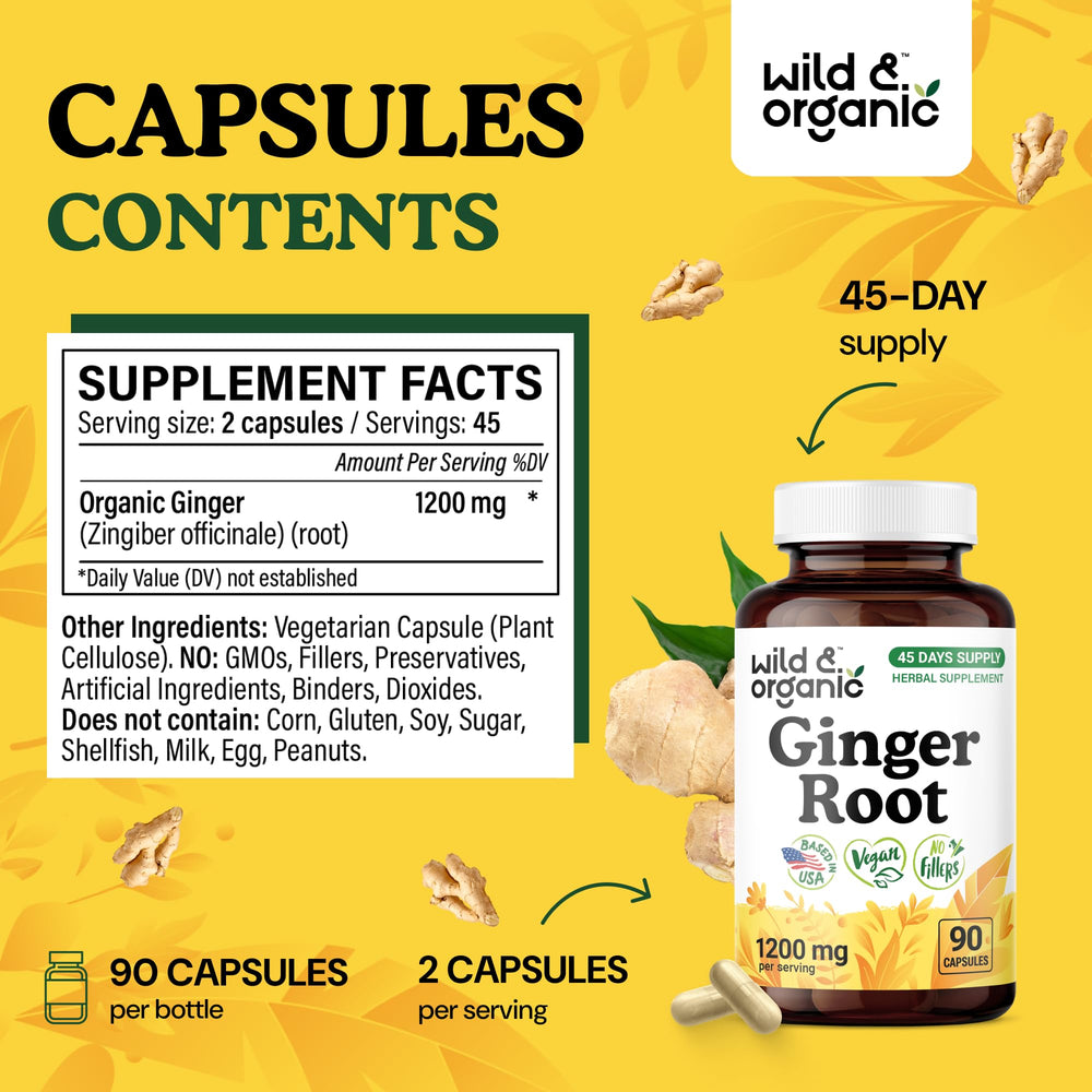 Wild & Organic Ginger Root Capsules capsules outside bottle illustrating easy-to-take design