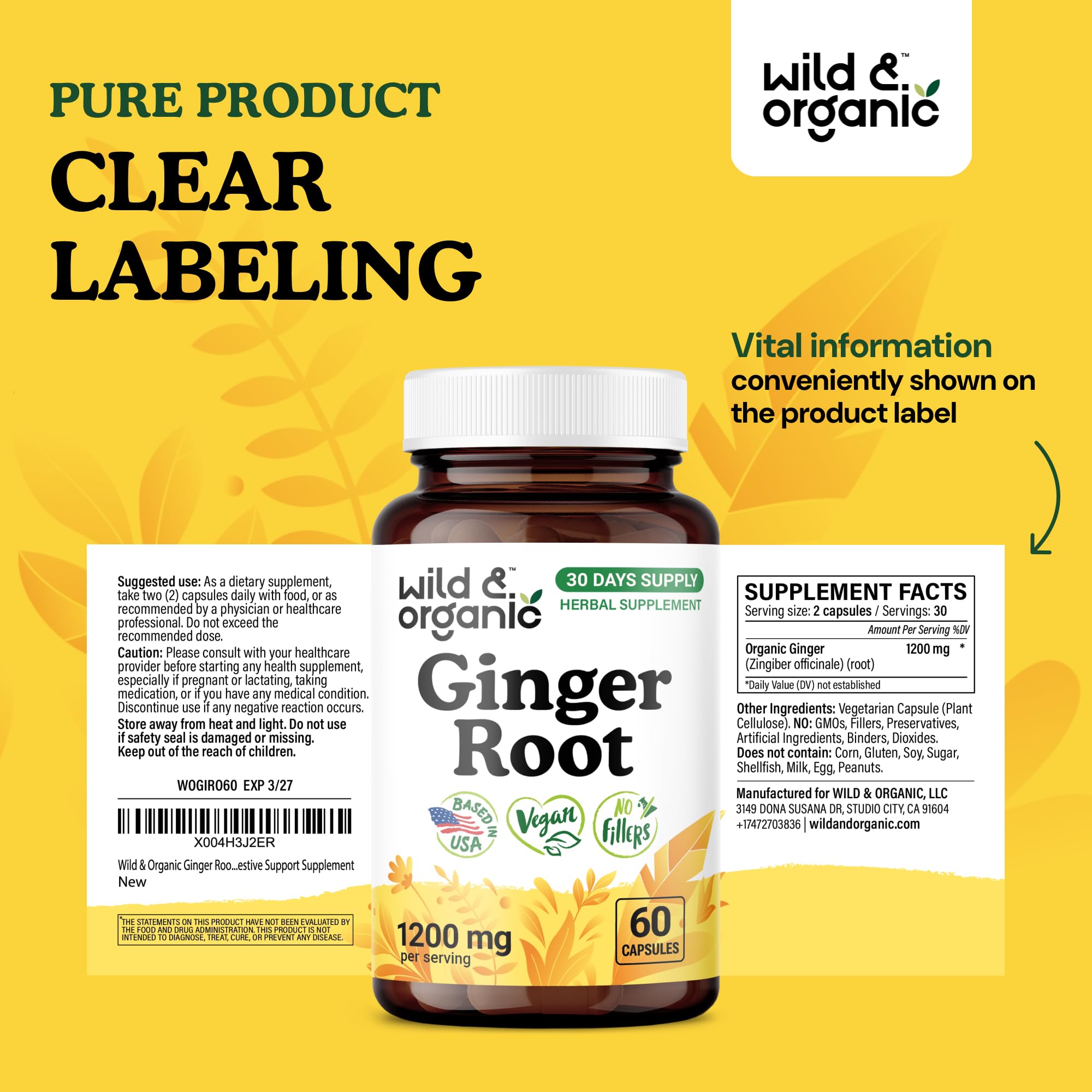 Wild & Organic Ginger Root Capsules closeup dispensing cap suggests smooth intake.