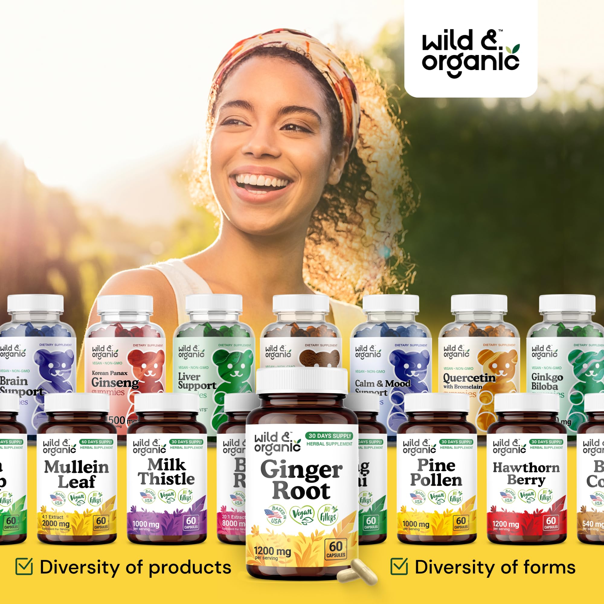 Wild & Organic Ginger Root Capsules on kitchen counter highlighting convenient 60-count supply.