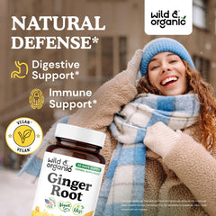 Wild & Organic Ginger Root Capsules label closeup highlighting vegan, additive-free formula.