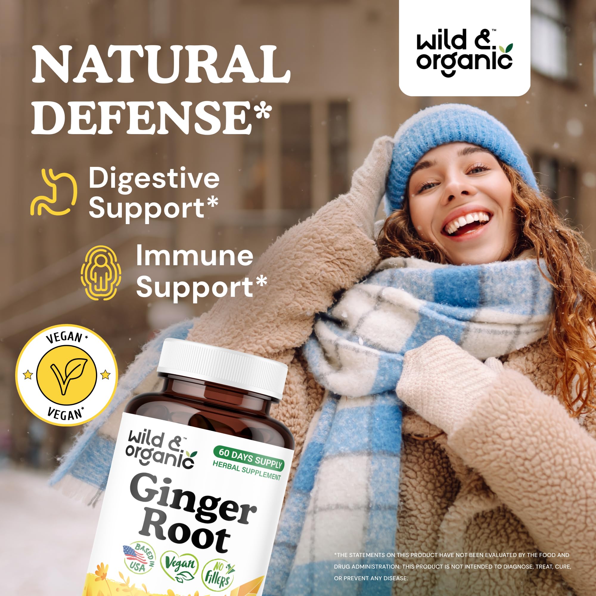 Wild & Organic ginger root capsules label highlighting 1200 mg potency for daily wellness