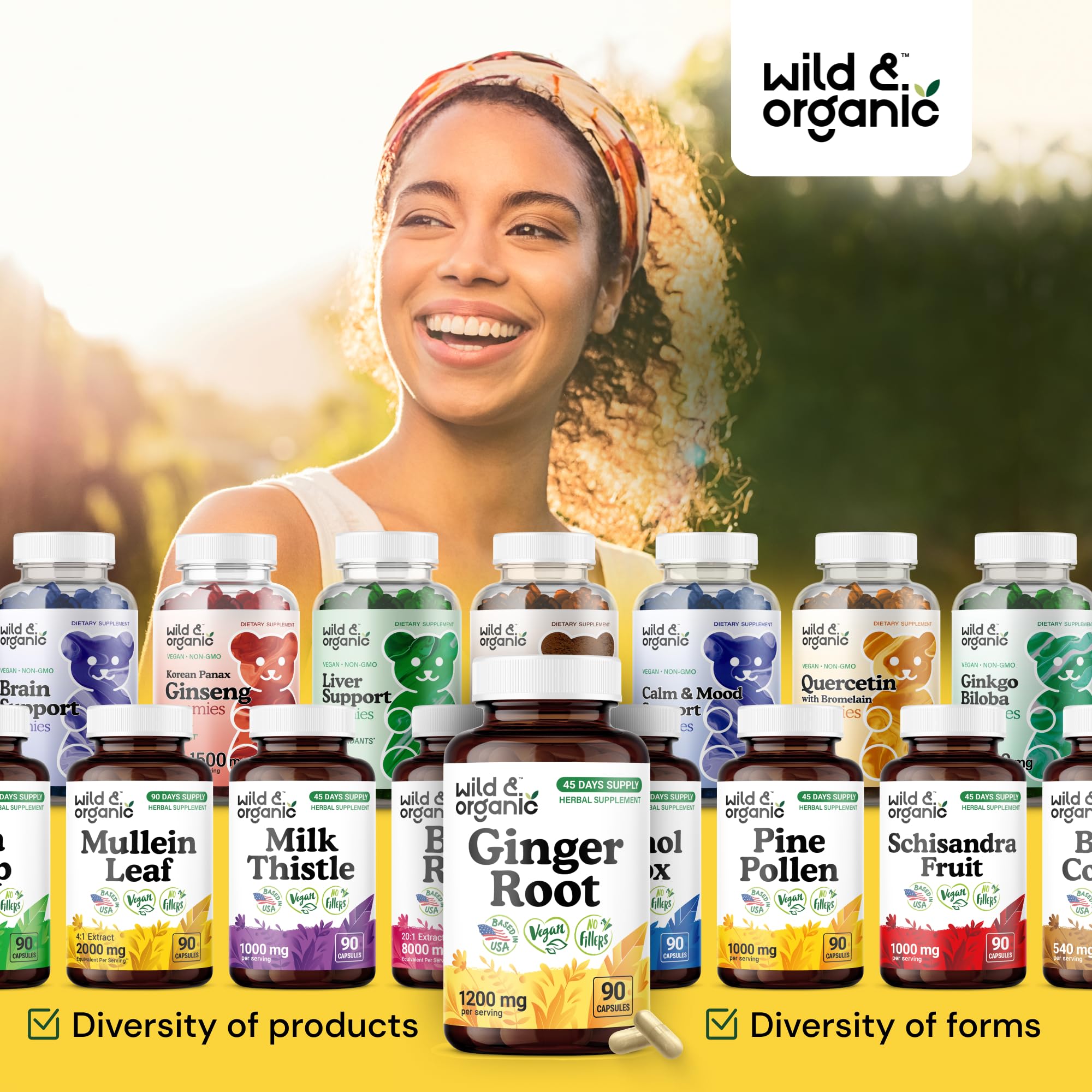 Wild & Organic Ginger Root Capsules packaging display on counter for easy shopping