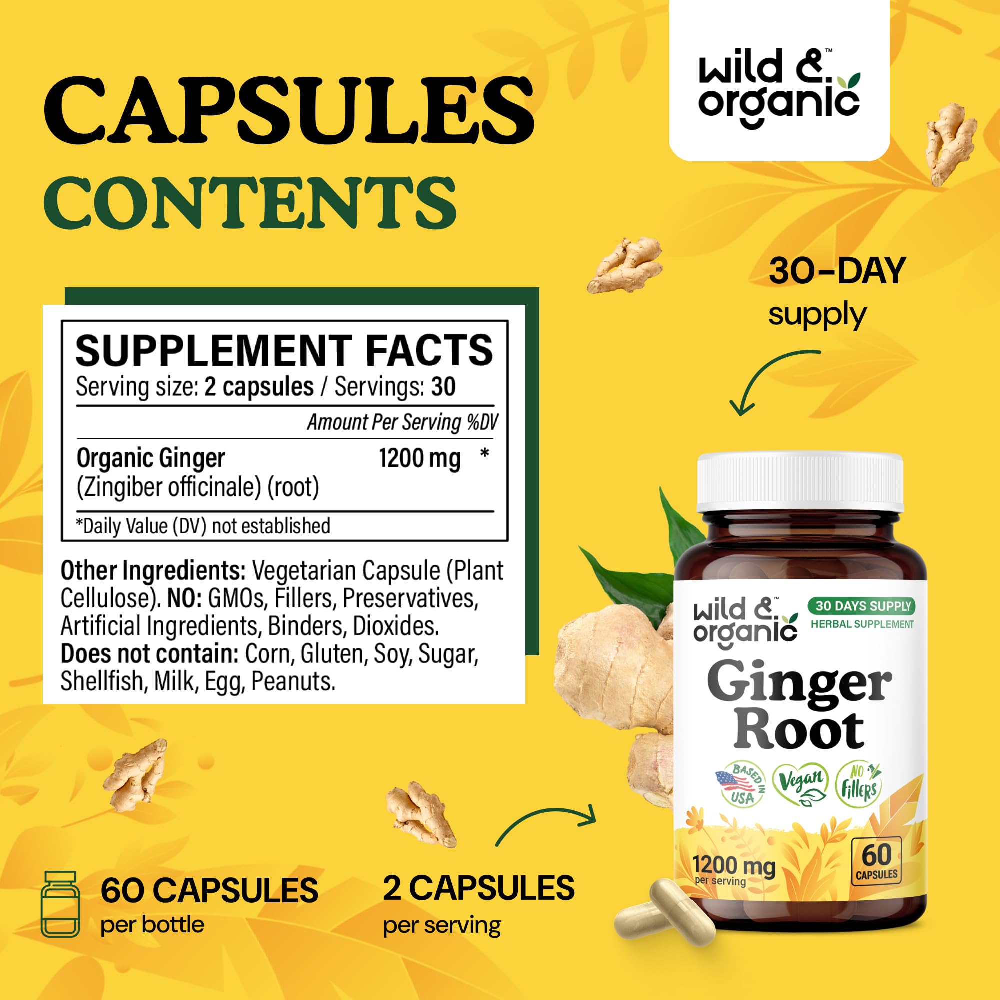 Wild & Organic Ginger Root Capsules on pantry shelf as part of daily routine.