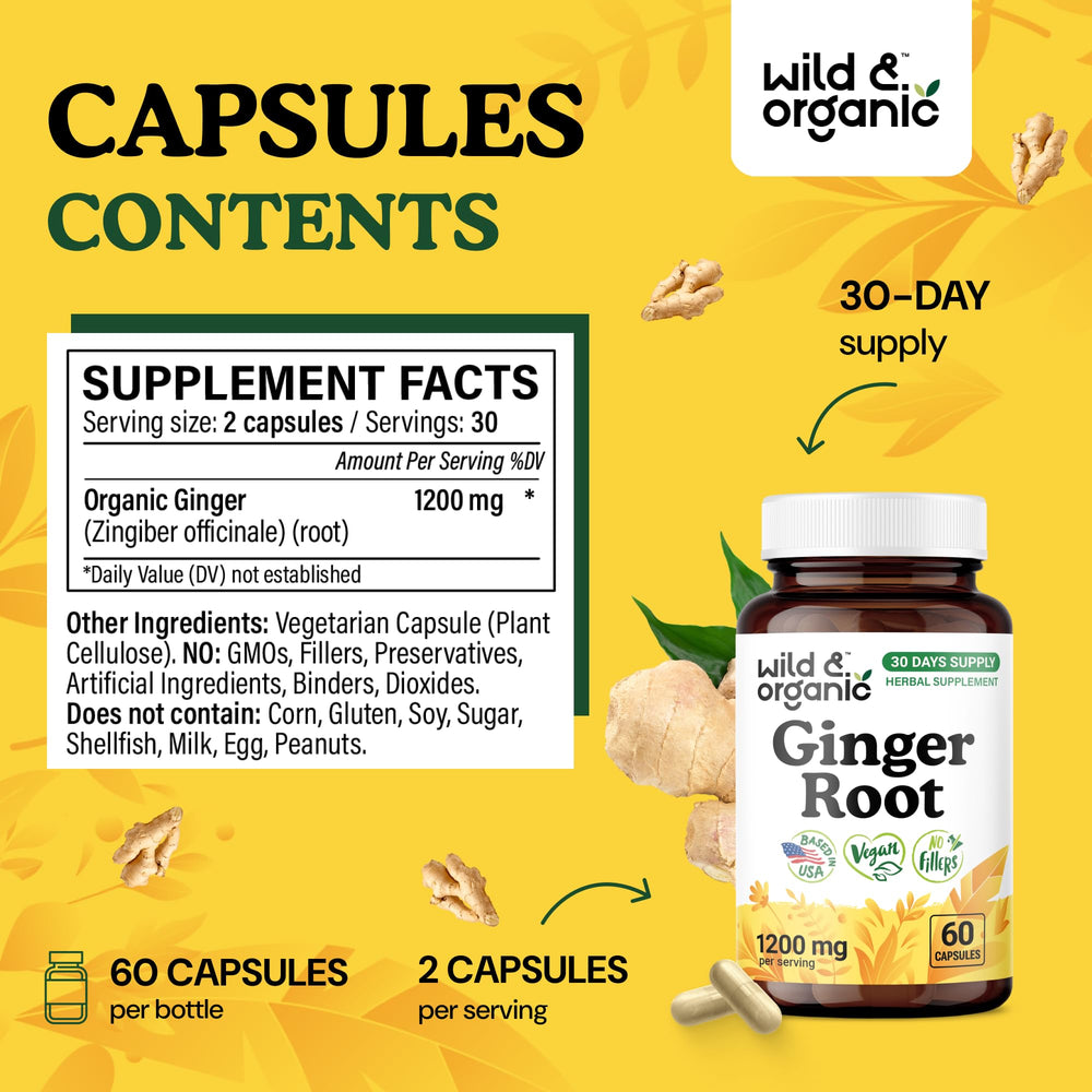 Wild & Organic Ginger Root Capsules on pantry shelf as part of daily routine.