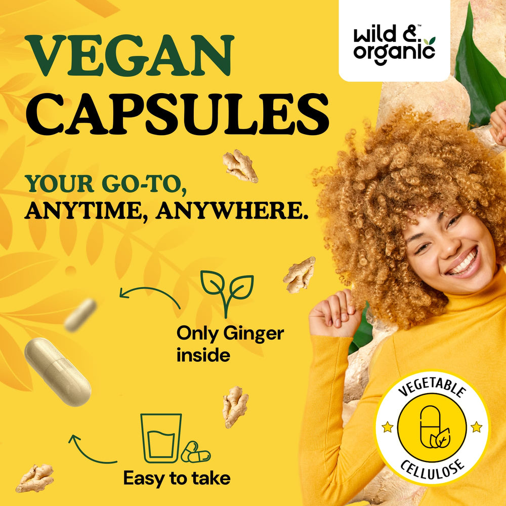 Wild & Organic Ginger Root Capsules vegan claim verified illustration for plant-based users.