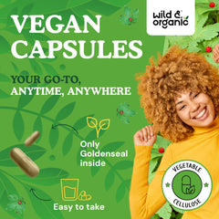 Wild & Organic Goldenseal root ingredients showcase natural plant-based blend.