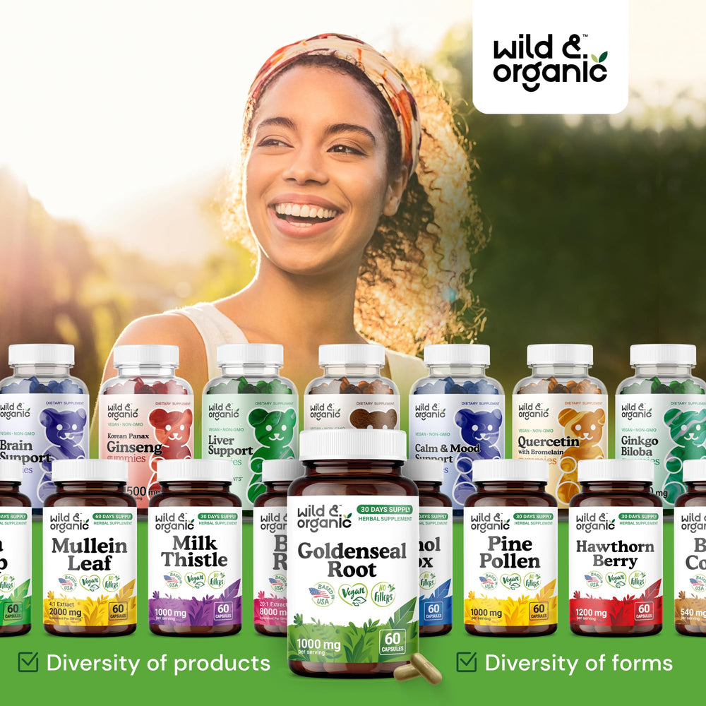 Two Wild & Organic Goldenseal capsules illustrate easy daily dosage.
