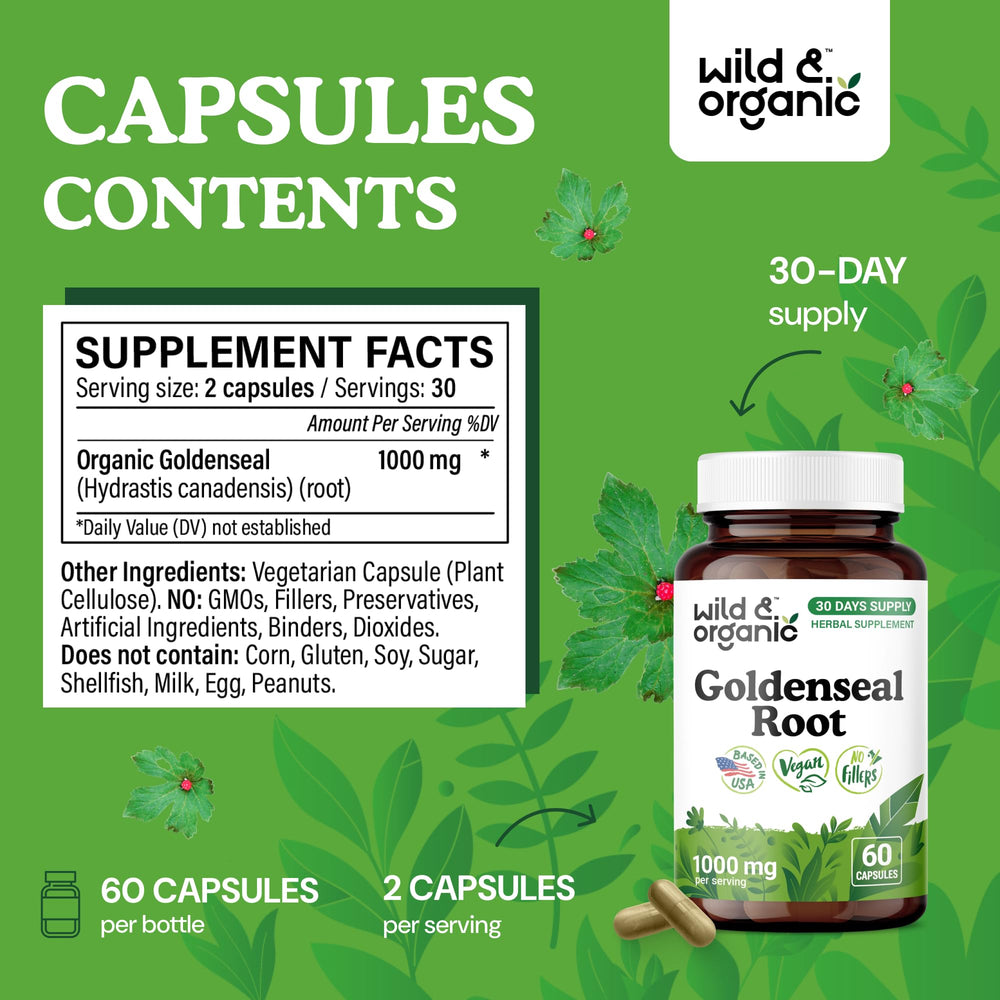 Wild & Organic Goldenseal vegan label highlights plant-based, non-GMO formula.