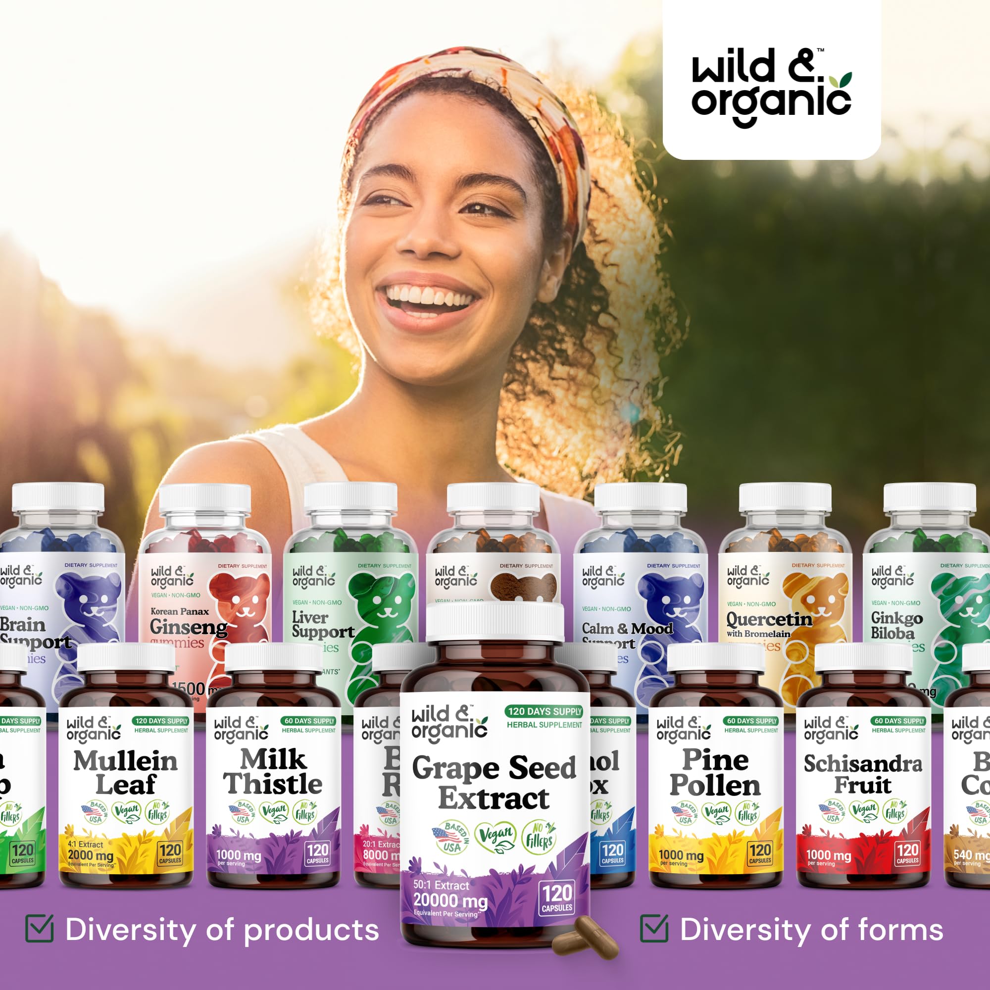 Wild & Organic grape seed extract 120-count bottle displayed