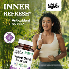 Wild & Organic grape seed extract capsules being poured for easy daily intake